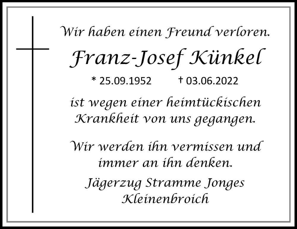  Traueranzeige für Franz-Josef Künkel vom 12.06.2022 aus trauer.extra-tipp-moenchengladbach.de