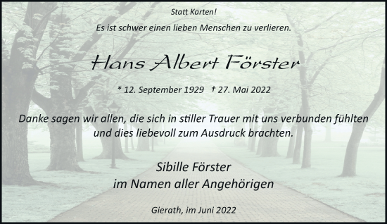 Traueranzeige von Hans Albert Förster von trauer.stadt-kurier.de