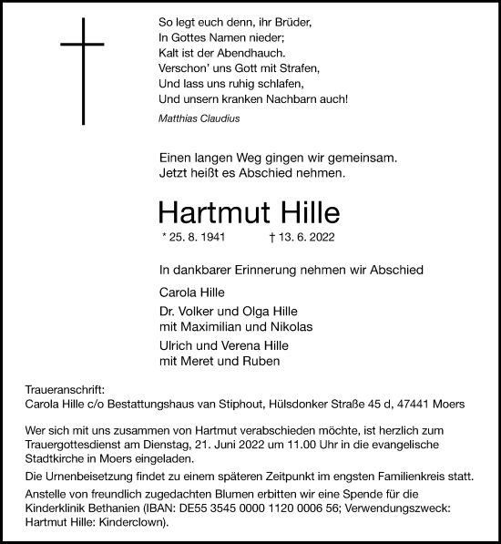 Traueranzeige von Hartmut Hille von trauer.mein.krefeld.de
