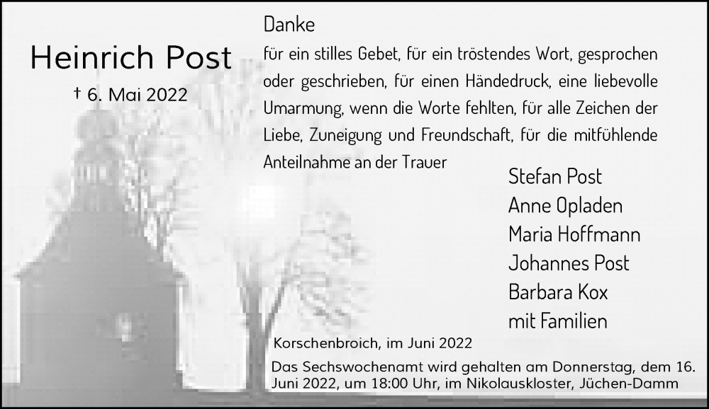  Traueranzeige für Heinrich Post vom 12.06.2022 aus trauer.extra-tipp-moenchengladbach.de