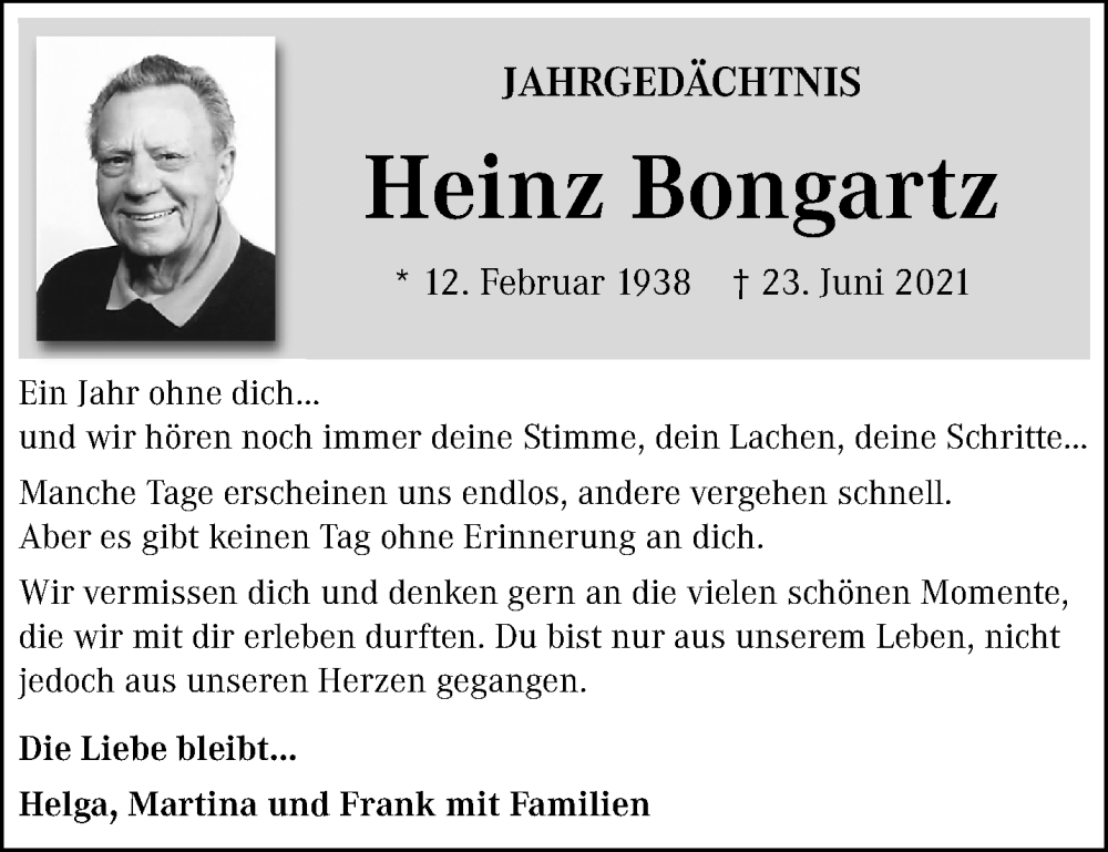  Traueranzeige für Heinz Bongartz vom 26.06.2022 aus trauer.mein.krefeld.de