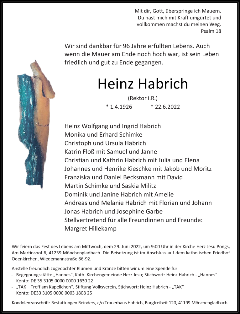  Traueranzeige für Heinz Habrich vom 26.06.2022 aus trauer.extra-tipp-moenchengladbach.de