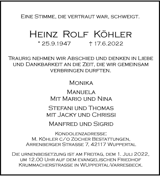 Traueranzeige von Heinz Rolf Köhler von trauer.wuppertaler-rundschau.de