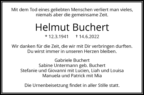 Traueranzeige von Helmut Buchert von trauer.wuppertaler-rundschau.de