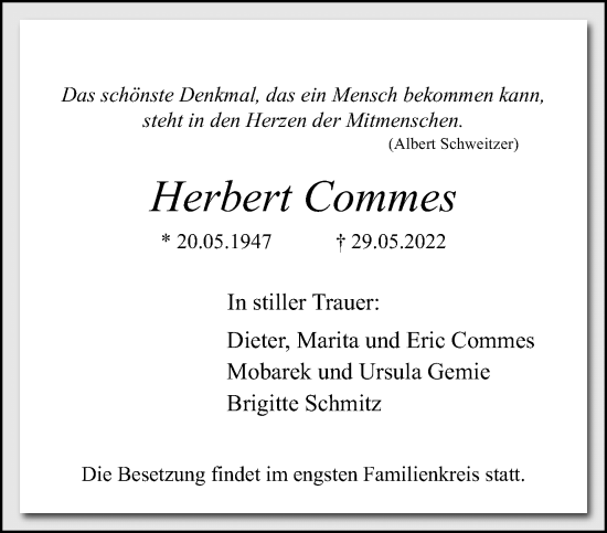 Traueranzeige von Herbert Commes von trauer.extra-tipp-moenchengladbach.de