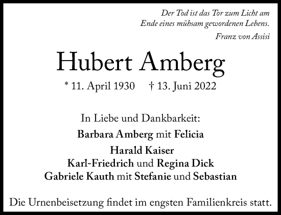 Traueranzeige von Hubert Amberg von trauer.wuppertaler-rundschau.de