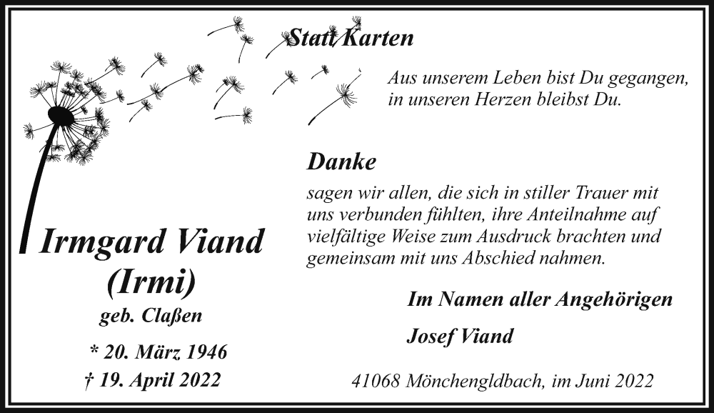  Traueranzeige für Irmgard Viand vom 05.06.2022 aus trauer.extra-tipp-moenchengladbach.de