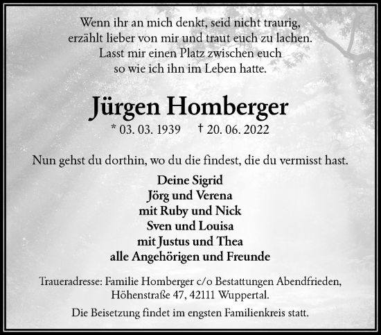 Traueranzeige von Jürgen Homberger von trauer.wuppertaler-rundschau.de