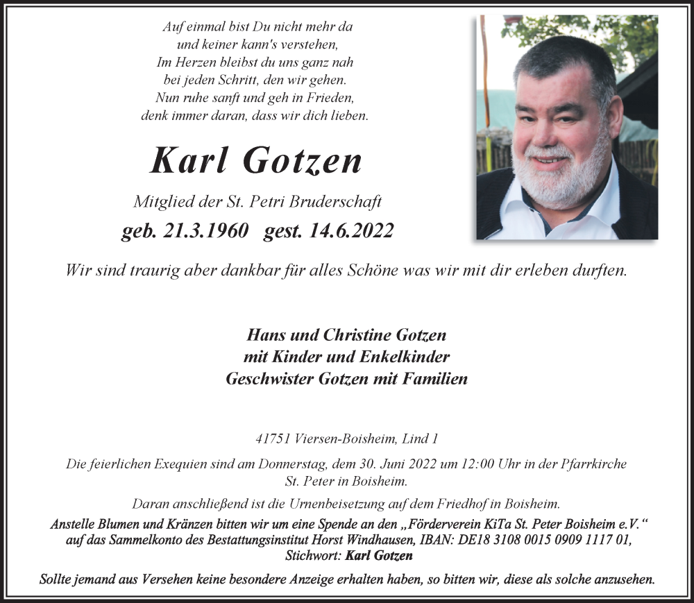  Traueranzeige für Karl Gotzen vom 26.06.2022 aus trauer.extra-tipp-moenchengladbach.de