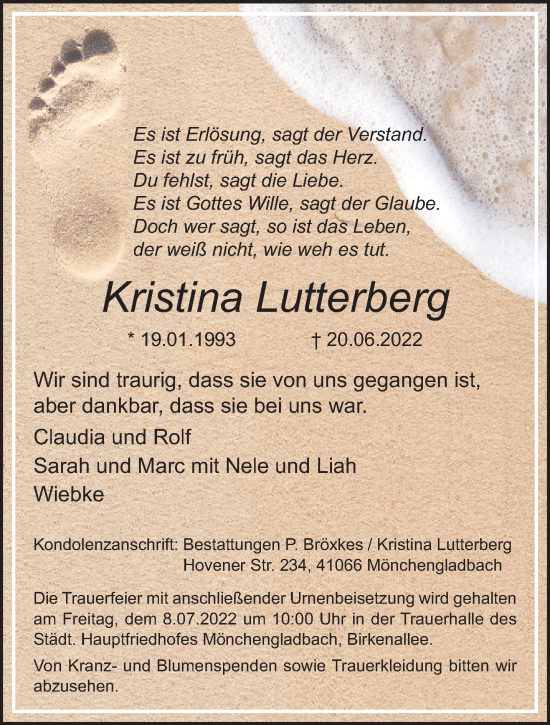 Traueranzeige von Kristina Lutterberg von trauer.extra-tipp-moenchengladbach.de