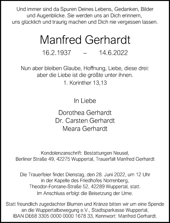 Traueranzeige von Manfred Gerhardt von trauer.wuppertaler-rundschau.de