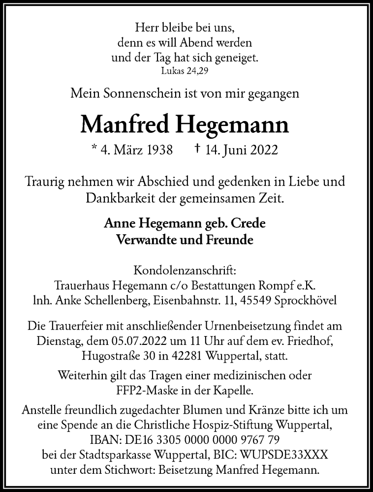  Traueranzeige für Manfred Hegemann vom 25.06.2022 aus trauer.wuppertaler-rundschau.de