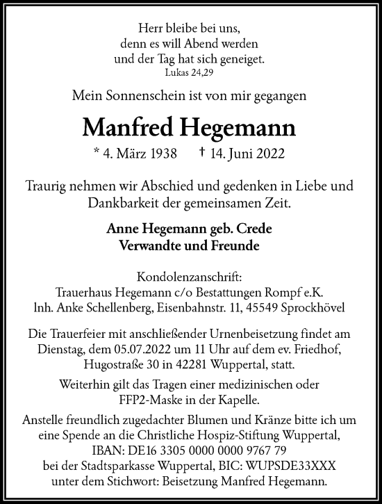 Traueranzeige von Manfred Hegemann von trauer.wuppertaler-rundschau.de