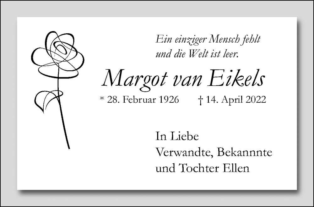  Traueranzeige für Margot van Eikels vom 26.06.2022 aus trauer.extra-tipp-moenchengladbach.de