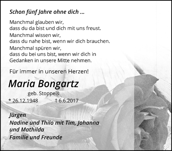 Traueranzeige von Maria Bongartz von trauer.extra-tipp-moenchengladbach.de