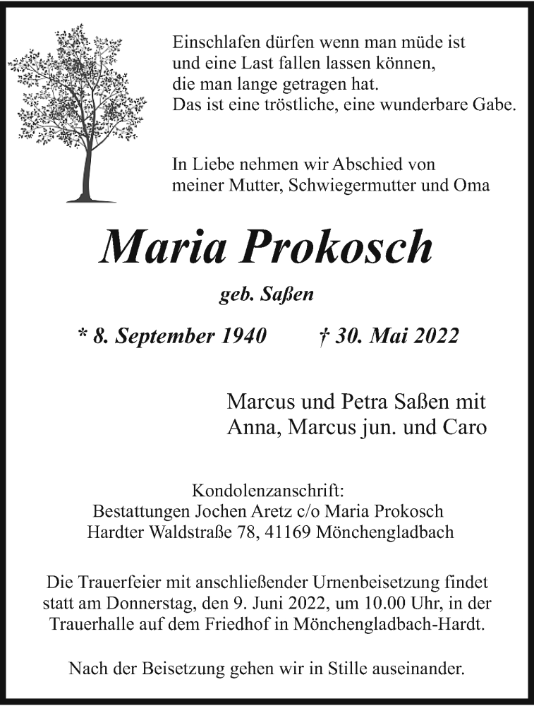  Traueranzeige für Maria Prokosch vom 05.06.2022 aus trauer.extra-tipp-moenchengladbach.de