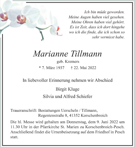 Traueranzeige von Marianne Tillmann von trauer.extra-tipp-moenchengladbach.de