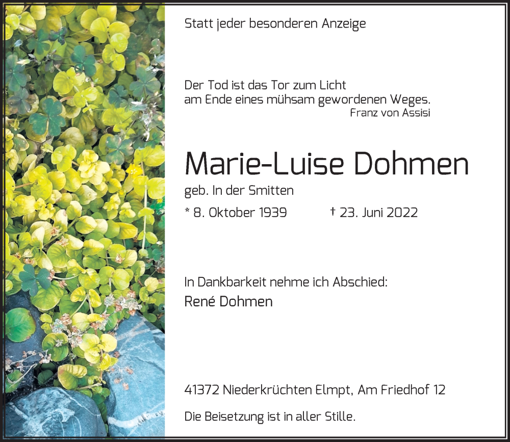  Traueranzeige für Marie-Luise Dohmen vom 26.06.2022 aus trauer.extra-tipp-moenchengladbach.de