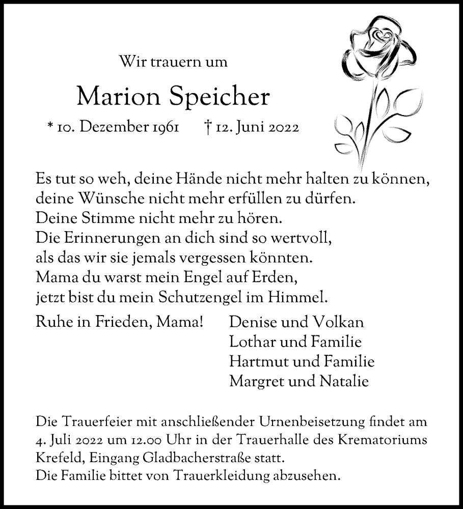  Traueranzeige für Marion Speicher vom 19.06.2022 aus trauer.mein.krefeld.de