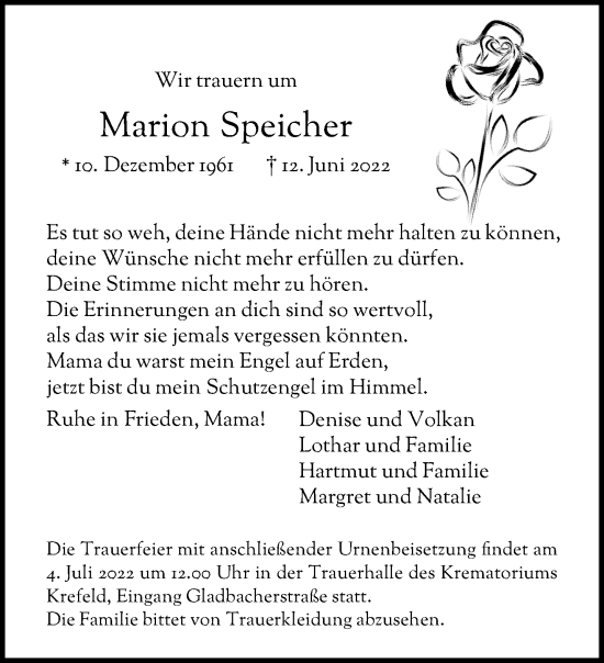 Traueranzeige von Marion Speicher von trauer.mein.krefeld.de