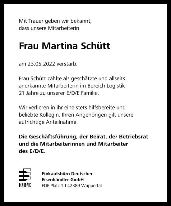 Traueranzeige von Martina Schütt von trauer.wuppertaler-rundschau.de