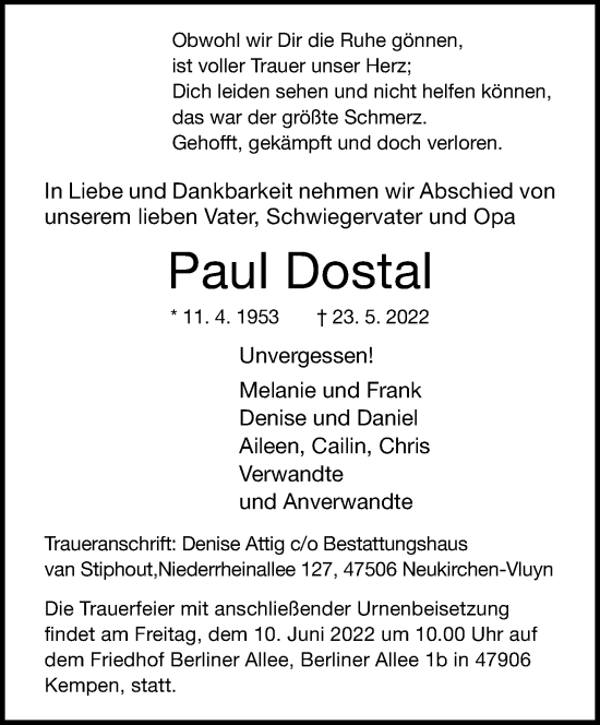 Traueranzeige von Paul Dostal von trauer.mein.krefeld.de