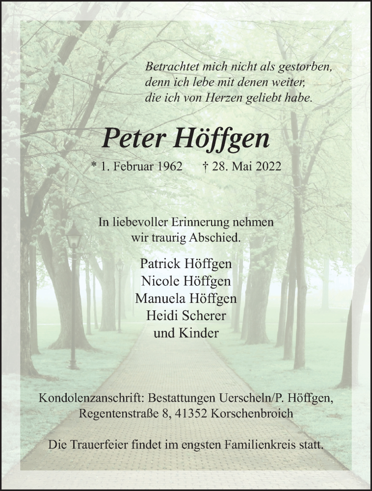 Traueranzeige für Peter Höffgen vom 05.06.2022 aus trauer.extra-tipp-moenchengladbach.de