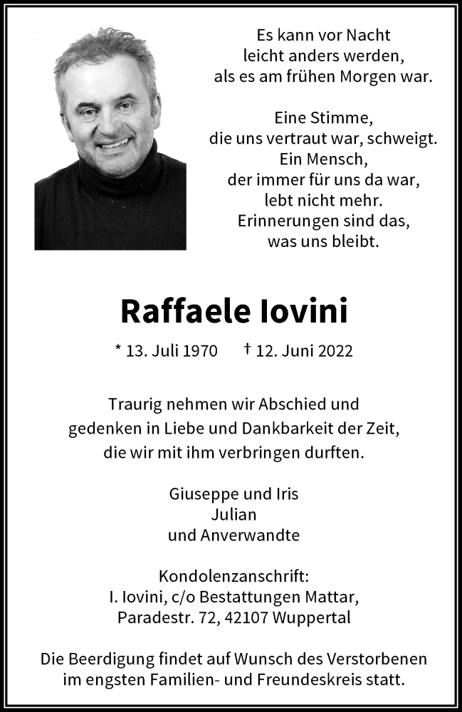  Traueranzeige für Raffaele lovini vom 18.06.2022 aus trauer.wuppertaler-rundschau.de