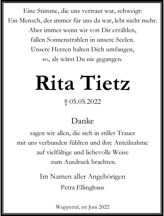 Traueranzeige von Rita Tietz von trauer.wuppertaler-rundschau.de