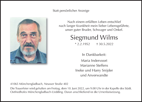 Traueranzeige von Siegmund Wilms von trauer.extra-tipp-moenchengladbach.de