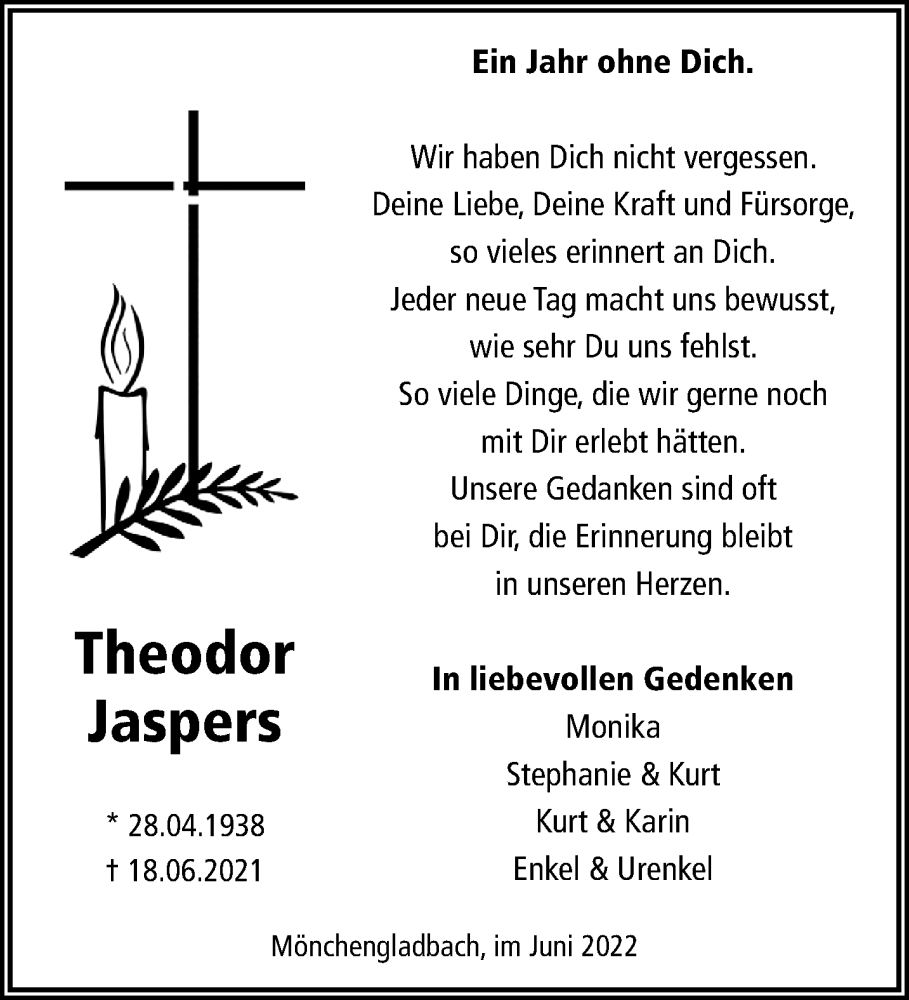  Traueranzeige für Theodor Jaspers vom 19.06.2022 aus trauer.extra-tipp-moenchengladbach.de