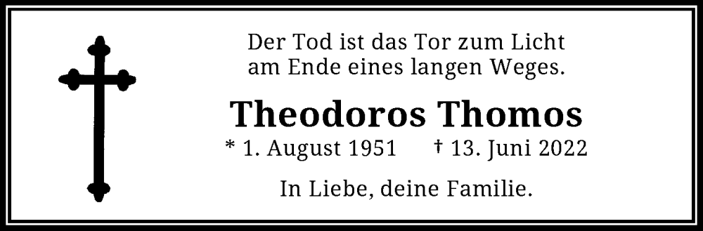  Traueranzeige für Theodoros Thomos vom 18.06.2022 aus trauer.wuppertaler-rundschau.de