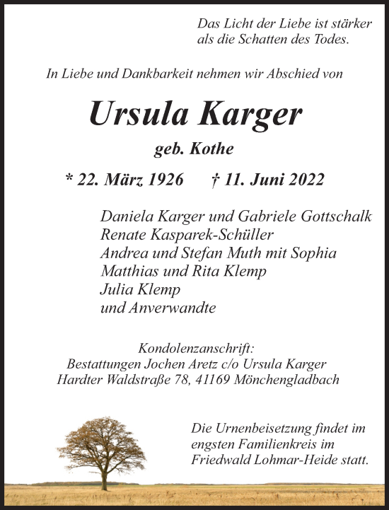 Traueranzeige von Ursula Karger von trauer.extra-tipp-moenchengladbach.de