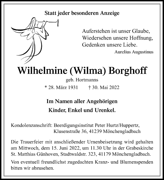 Traueranzeige von Wilhelmine Borghoff von trauer.extra-tipp-moenchengladbach.de