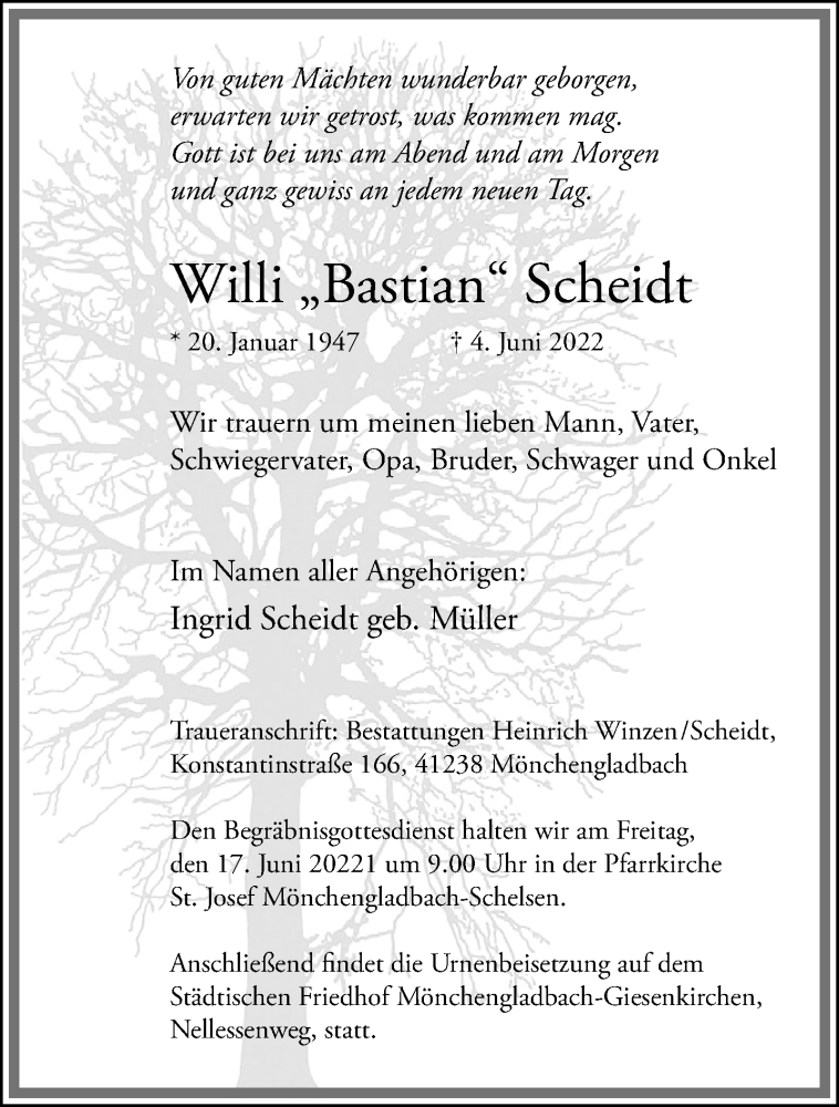  Traueranzeige für Willi Scheidt vom 12.06.2022 aus trauer.extra-tipp-moenchengladbach.de