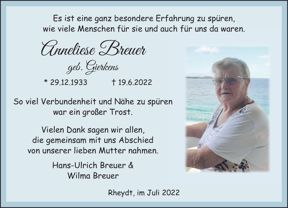  Traueranzeige für Anneliese Breuer vom 24.07.2022 aus trauer.extra-tipp-moenchengladbach.de