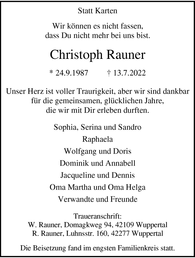  Traueranzeige für Christoph Rauner vom 30.07.2022 aus trauer.wuppertaler-rundschau.de