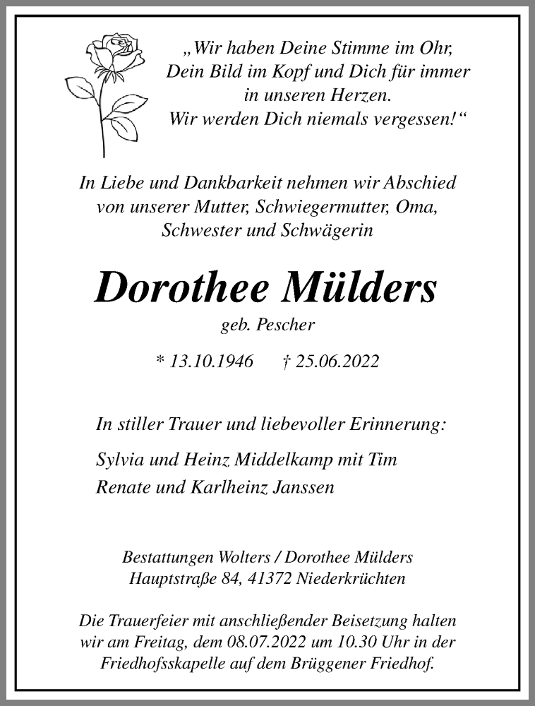  Traueranzeige für Dorothee Mülders vom 03.07.2022 aus trauer.extra-tipp-moenchengladbach.de