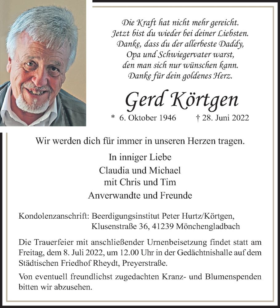  Traueranzeige für Gerd Körtgen vom 03.07.2022 aus trauer.extra-tipp-moenchengladbach.de