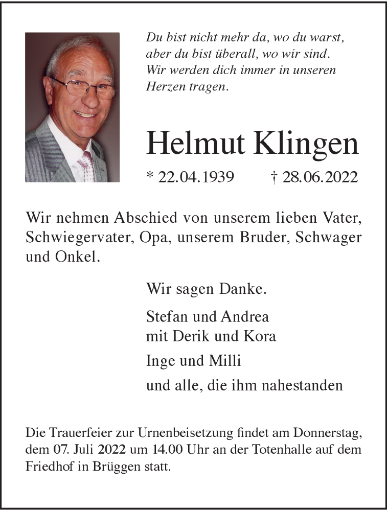  Traueranzeige für Helmut Klingen vom 03.07.2022 aus trauer.extra-tipp-moenchengladbach.de