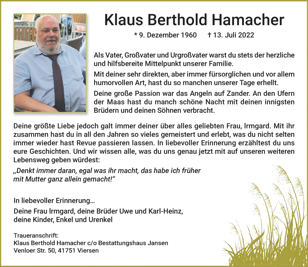  Traueranzeige für Klaus Berthold Hamacher vom 17.07.2022 aus trauer.extra-tipp-moenchengladbach.de