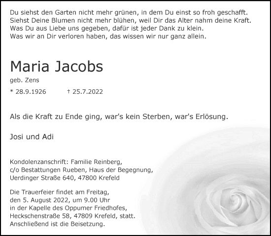 Traueranzeige von Maria Jacobs von trauer.mein.krefeld.de
