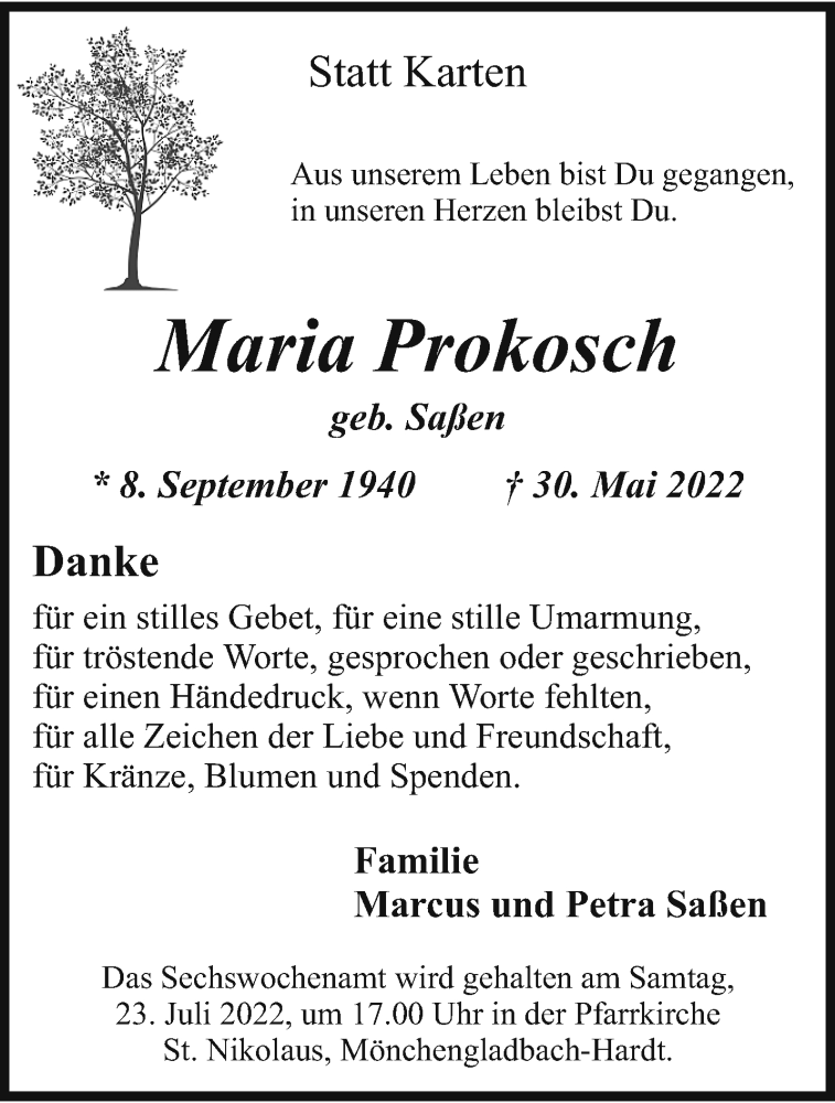  Traueranzeige für Maria Prokosch vom 17.07.2022 aus trauer.extra-tipp-moenchengladbach.de