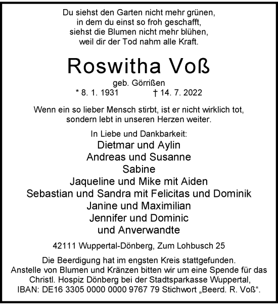 Traueranzeige von Roswitha Voß von trauer.wuppertaler-rundschau.de