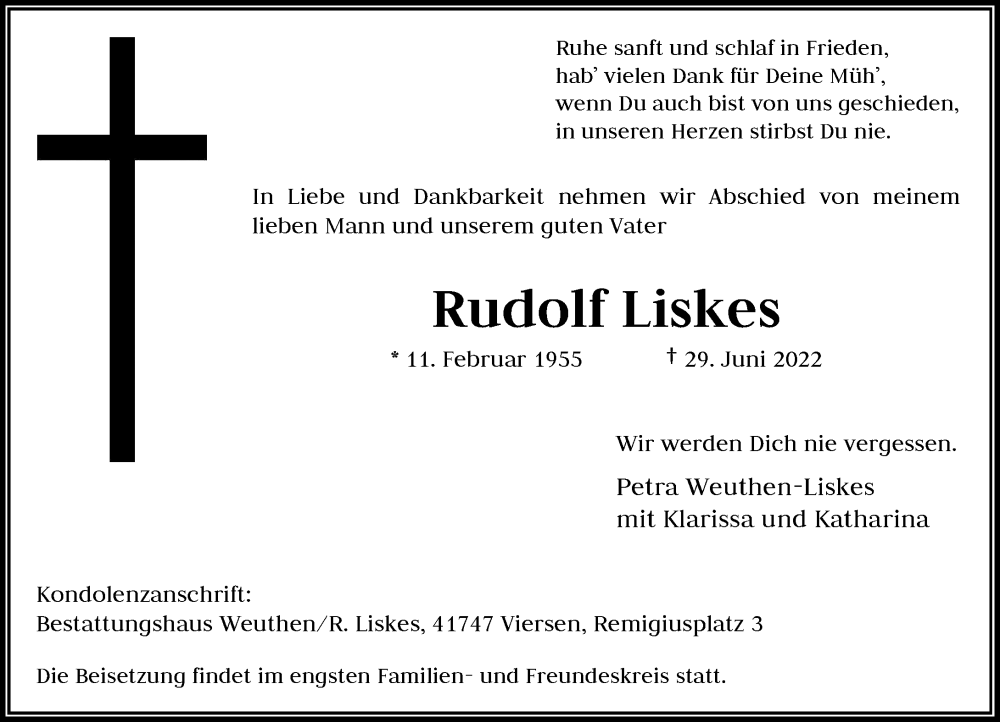  Traueranzeige für Rudolf Liskes vom 03.07.2022 aus trauer.extra-tipp-moenchengladbach.de