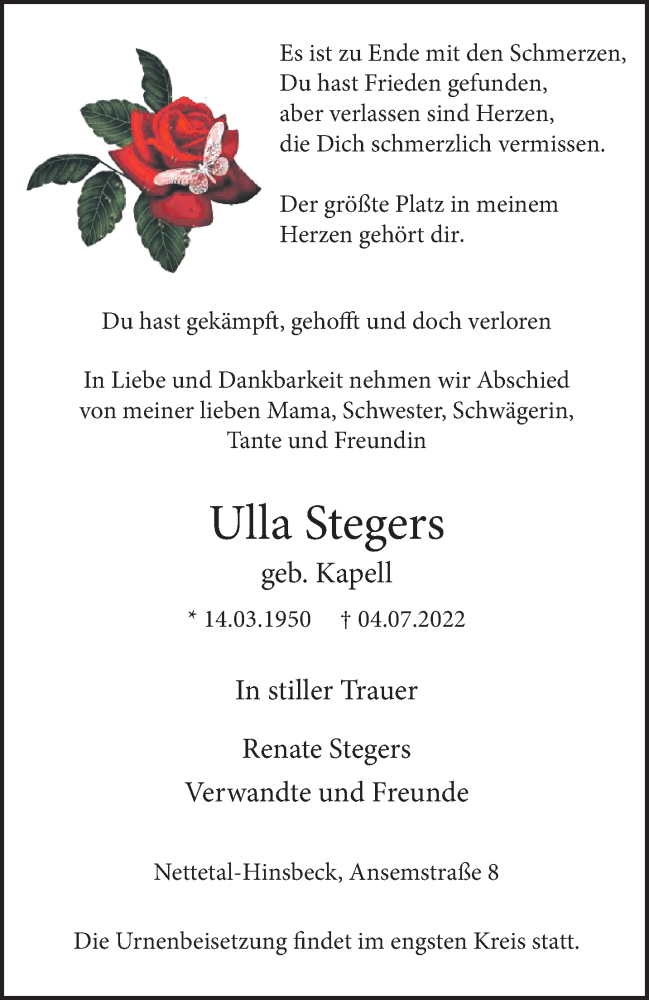  Traueranzeige für Ulla Stegers vom 10.07.2022 aus trauer.extra-tipp-moenchengladbach.de