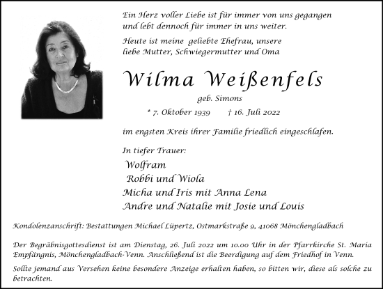 Traueranzeige von Wilma Weißenfels von trauer.extra-tipp-moenchengladbach.de