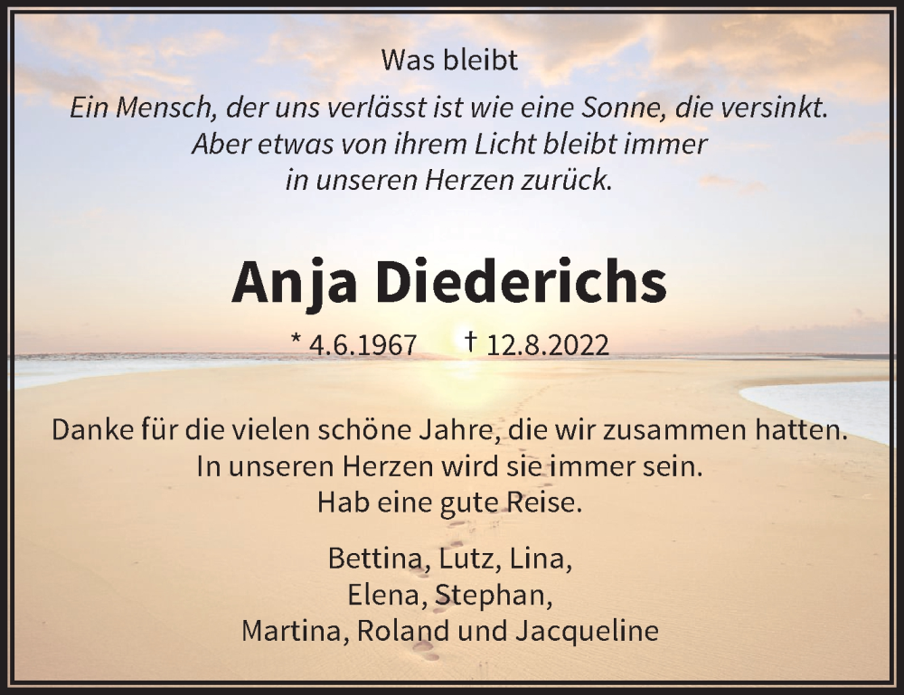  Traueranzeige für Anja Diederichs vom 20.08.2022 aus trauer.wuppertaler-rundschau.de