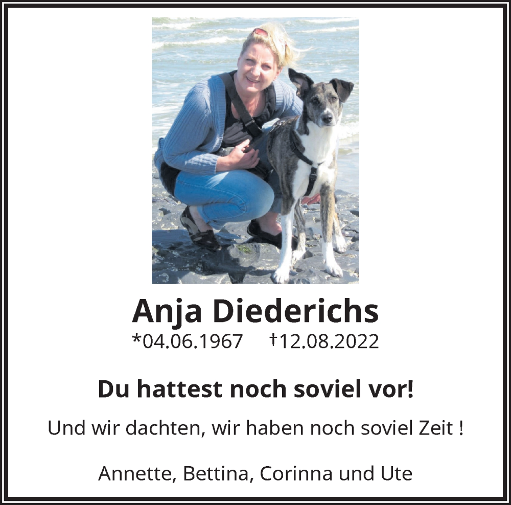  Traueranzeige für Anja Diederichs vom 20.08.2022 aus trauer.wuppertaler-rundschau.de