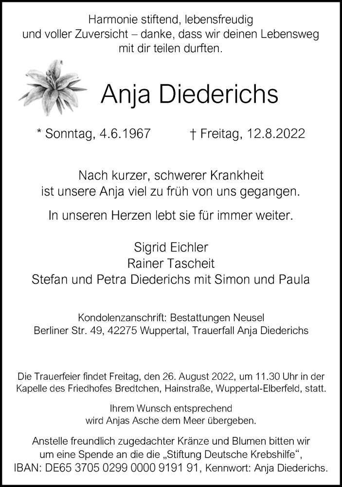  Traueranzeige für Anja Diederichs vom 20.08.2022 aus trauer.wuppertaler-rundschau.de